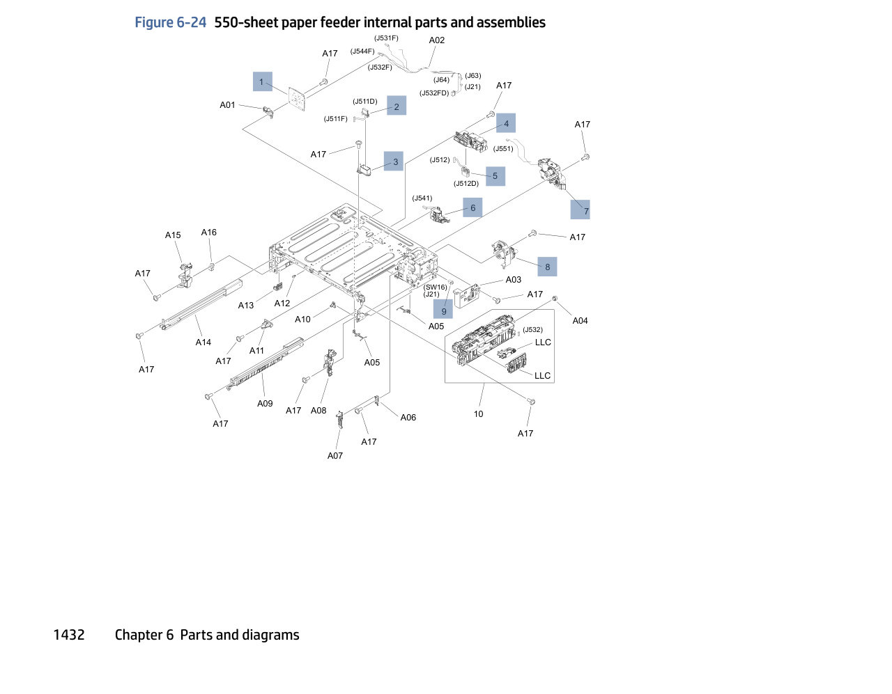 6-24 550-sheet paper feeder internal parts and assemblies