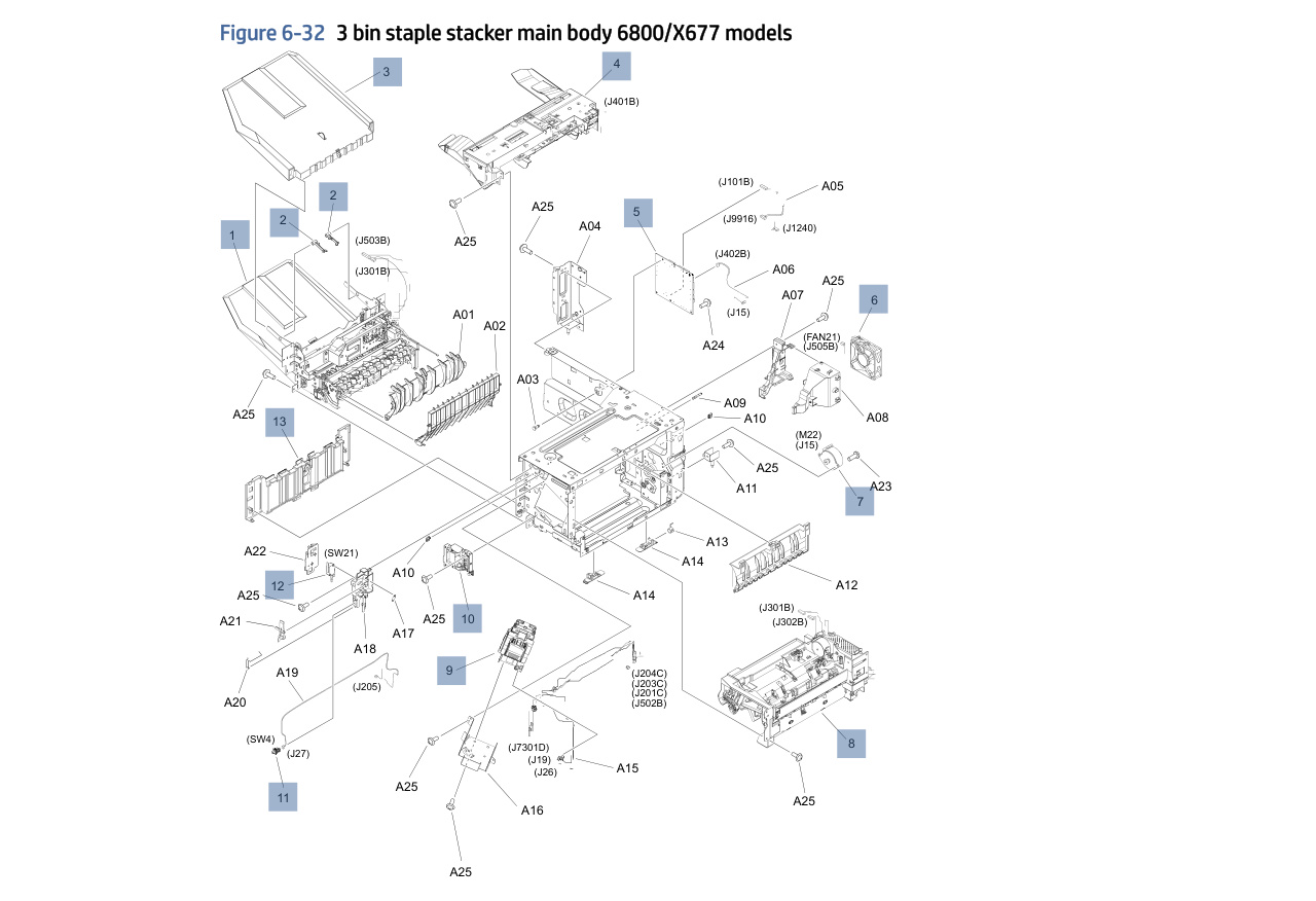 6-32 3 bin staple stacker main body 6800/X677 models