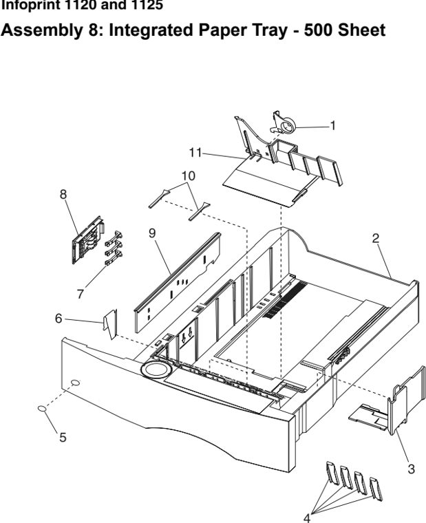 Assembly 8: Integrated Paper Tray - 500 Sheet parts diagram - IBM Infoprint 1125 & 1125n (4525) Parts