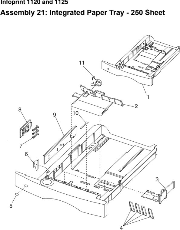 Assembly 21: Integrated Paper Tray - 250 Sheet parts diagram - IBM Infoprint 1125 & 1125n (4525) Parts