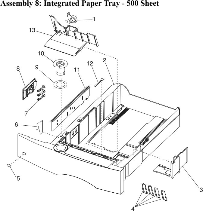 Assembly 8: Integrated Paper Tray - 500 Sheet parts diagram - IBM Infoprint 1130 & 1130n (4530) Parts