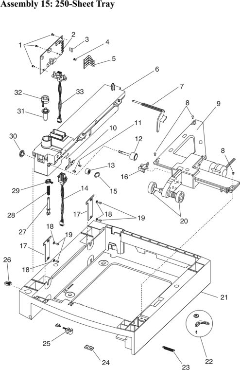 Assembly 15: 250-Sheet Tray parts diagram - IBM Infoprint 1130 & 1130n (4530) Parts
