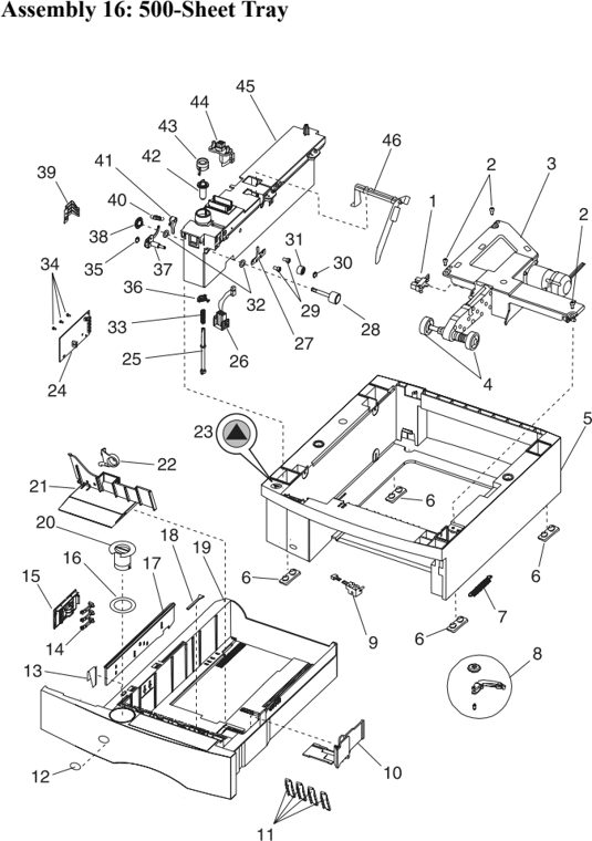 Assembly 16: 500-Sheet Tray parts diagram - IBM Infoprint 1130 & 1130n (4530) Parts