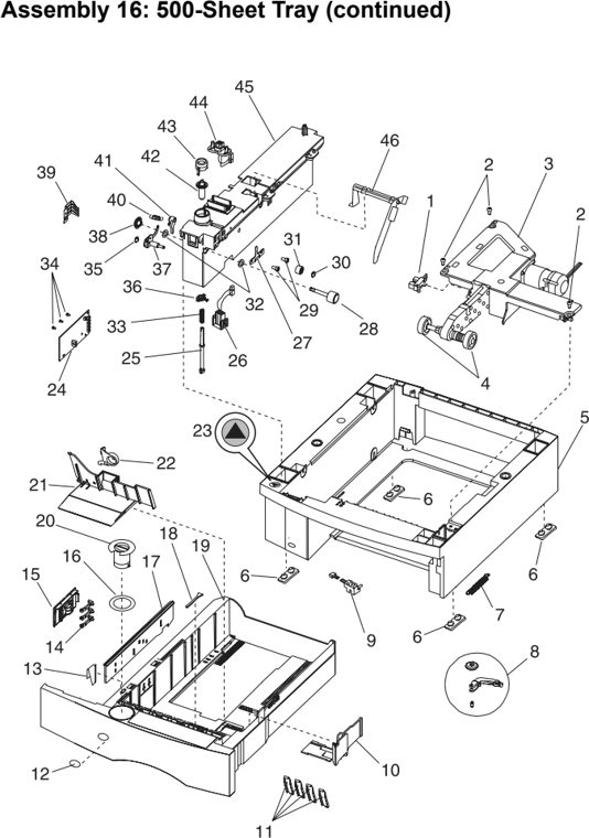 Assembly 16: 500-Sheet Tray (continued) parts diagram - IBM Infoprint 1130 & 1130n (4530) Parts
