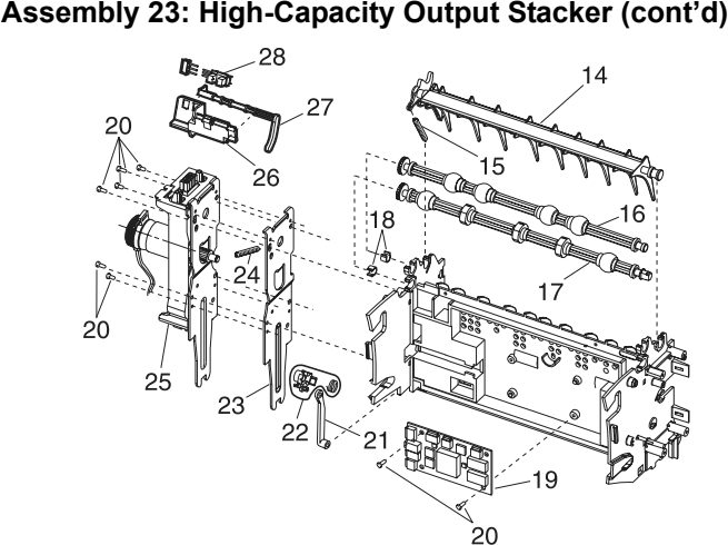 Assembly 23: High-Capacity Output Stacker (cont’d) parts diagram - IBM Infoprint 1130 & 1130n (4530) Parts