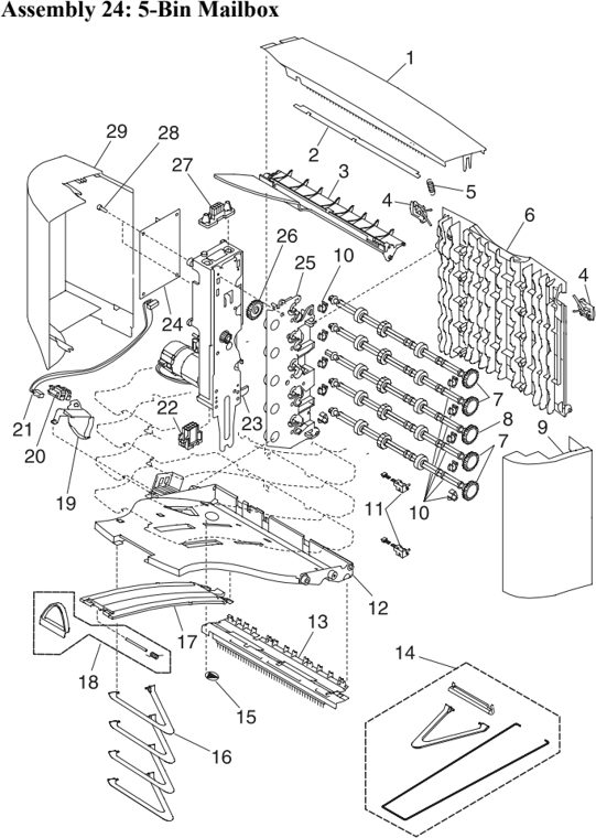 Assembly 24: 5-Bin Mailbox parts diagram - IBM Infoprint 1130 & 1130n (4530) Parts
