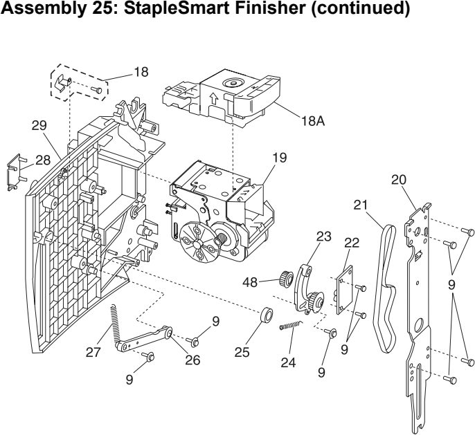 Assembly 25: StapleSmart Finisher (continued) parts diagram - IBM Infoprint 1130 & 1130n (4530) Parts