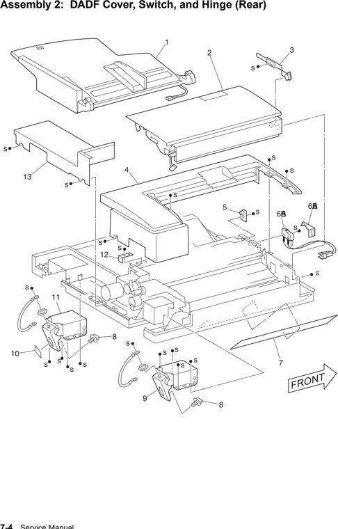 Assembly 2: DADF Cover, Switch, and Hinge (Rear) parts diagram - IBM Infoprint M35 4890-001 Parts