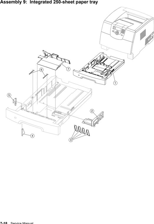 Assembly 9: Integrated 250-sheet paper tray parts diagram - IBM Infoprint 1532, 1552, 1572 (4536 4537 4538) Parts