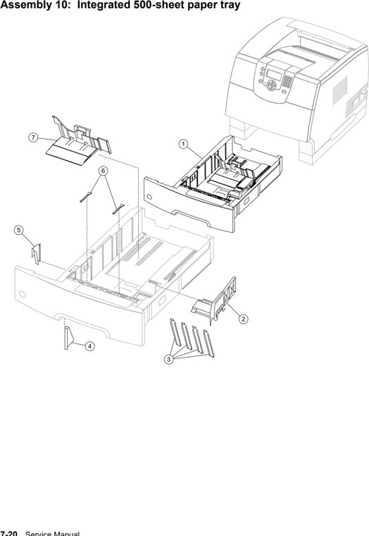 Assembly 10: Integrated 500-sheet paper tray parts diagram - IBM Infoprint 1532, 1552, 1572 (4536 4537 4538) Parts