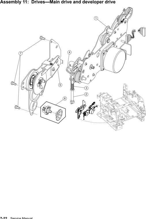 Assembly 11: Drives—Main drive and developer drive parts diagram - IBM Infoprint 1532, 1552, 1572 (4536 4537 4538) Parts