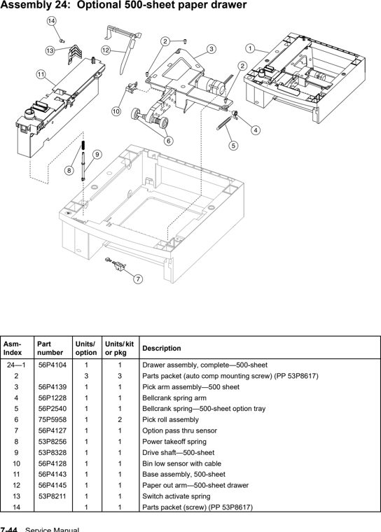 Assembly 24: Optional 500-sheet paper drawer parts diagram - IBM Infoprint 1532, 1552, 1572 (4536 4537 4538) Parts