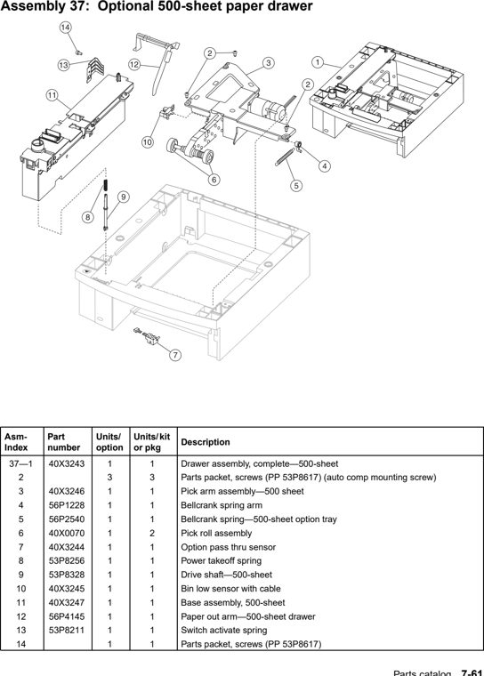 Assembly 37: Optional 500-sheet paper drawer parts diagram - IBM Infoprint 1570 MFP (4542) Parts