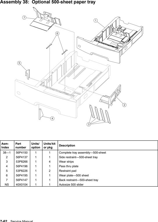Assembly 38: Optional 500-sheet paper tray parts diagram - IBM Infoprint 1570 MFP (4542) Parts