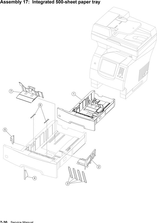 Assembly 17: Integrated 500-sheet paper tray parts diagram - IBM Infoprint 1650 MFP (4544) Parts