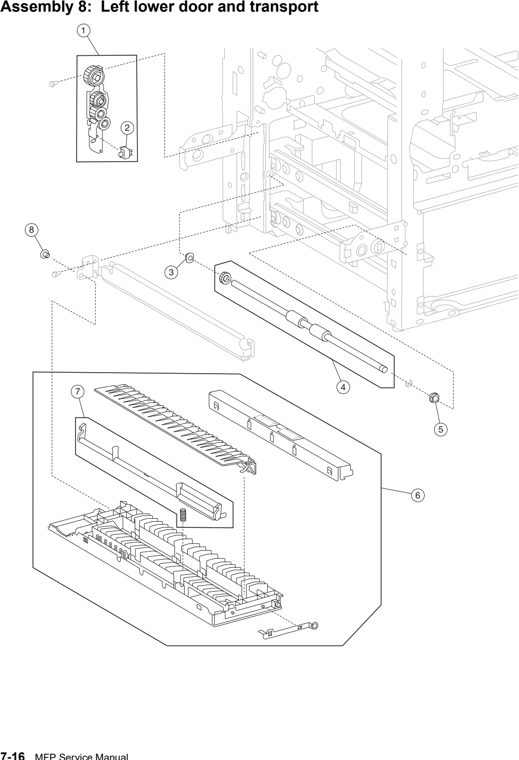 Assembly 8: Left lower door and transport parts diagram - IBM Infoprint 1540 1560 1580 (4543) Parts