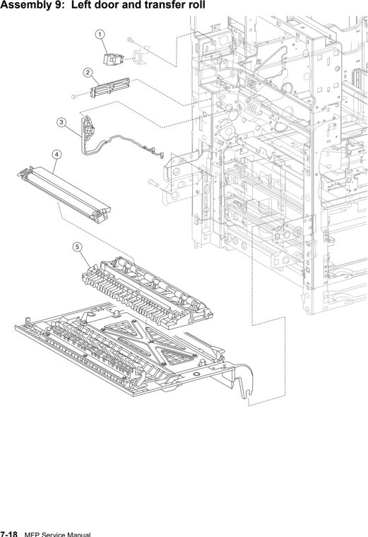 Assembly 9: Left door and transfer roll parts diagram - IBM Infoprint 1540 1560 1580 (4543) Parts
