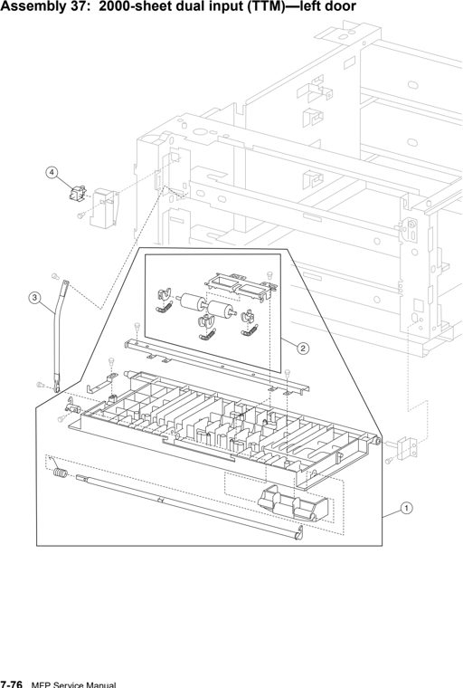 Assembly 37: 2000-sheet dual input (TTM)—left door parts diagram - IBM Infoprint 1540 1560 1580 (4543) Parts