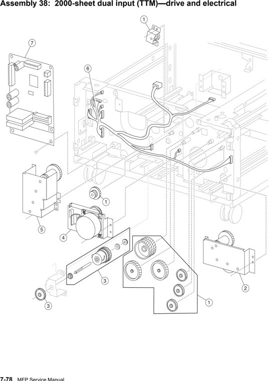 Assembly 38: 2000-sheet dual input (TTM)—drive and electrical parts diagram - IBM Infoprint 1540 1560 1580 (4543) Parts