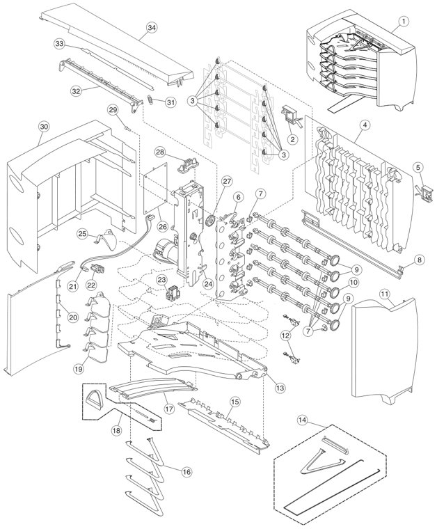 Assembly 28: 5-Bin mailbox parts diagram - IBM Infoprint 1654 & 1664 Parts (4929, 4930)