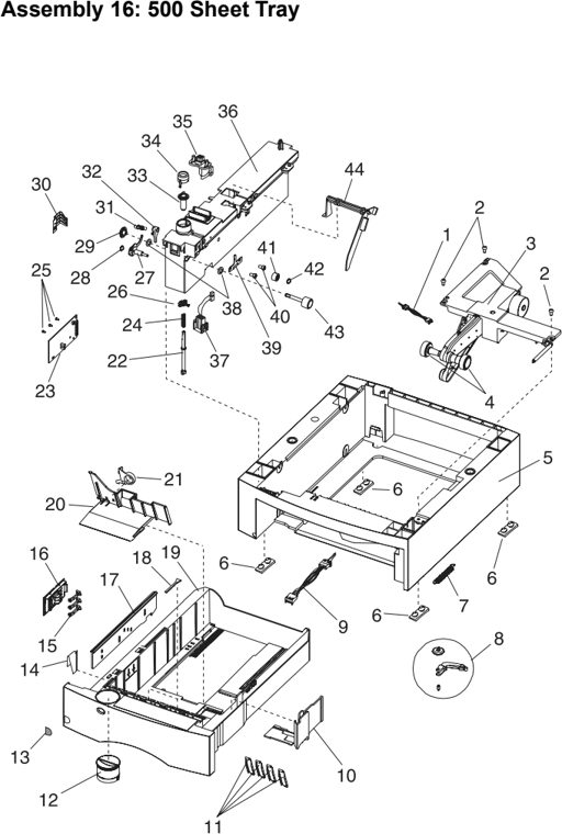 Assembly 16: 500 Sheet Tray parts diagram - Lexmark Optra S Parts