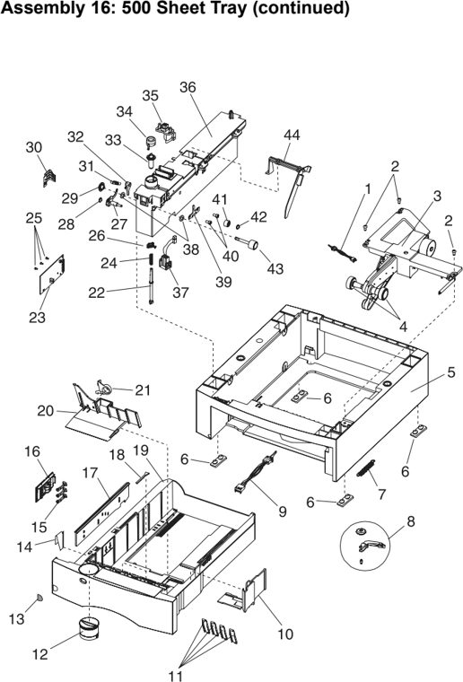 Assembly 16: 500 Sheet Tray (continued) parts diagram - Lexmark Optra S Parts