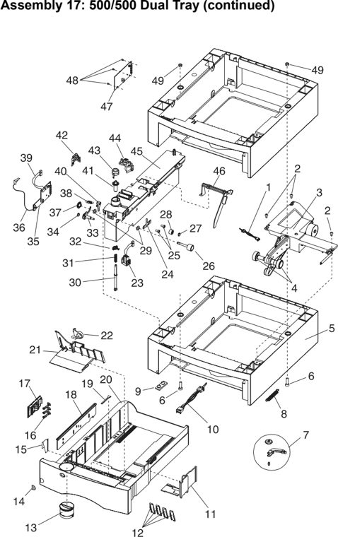 Assembly 17: 500/500 Dual Tray (continued) parts diagram - Lexmark Optra S Parts
