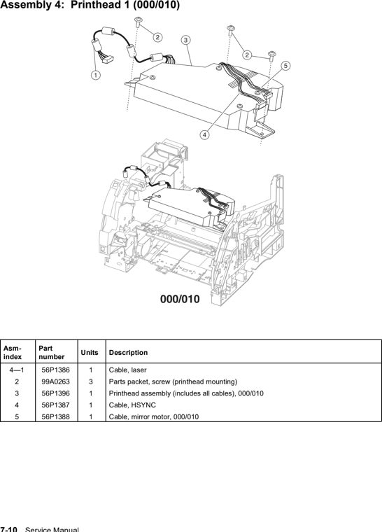 Assembly 4: Printhead 1 (000/010) parts diagram - Lexmark T630, T632, T634 Parts