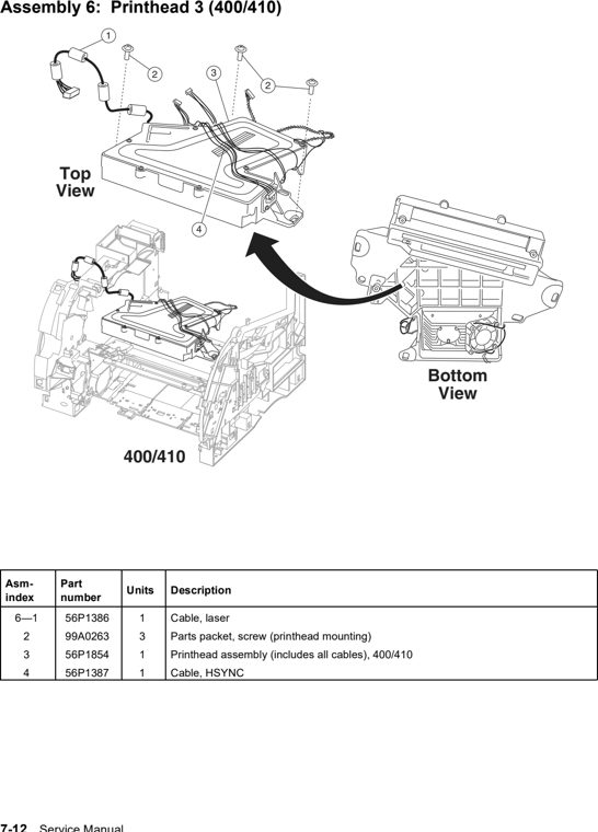 Assembly 6: Printhead 3 (400/410) parts diagram - Lexmark T630, T632, T634 Parts