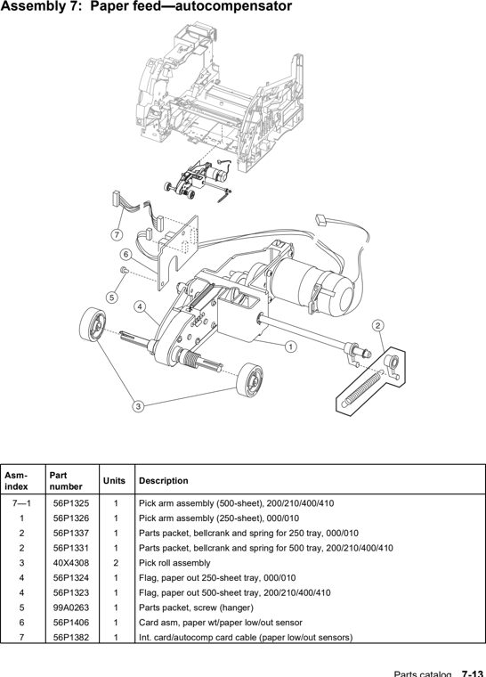 Assembly 7: Paper feed—autocompensator parts diagram - Lexmark T630, T632, T634 Parts