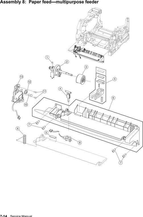 Assembly 8: Paper feed—multipurpose feeder parts diagram - Lexmark T630, T632, T634 Parts