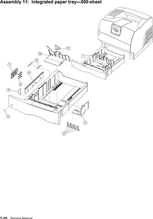 Assembly 11: Integrated paper tray—500-sheet parts diagram - Lexmark T630, T632, T634 Parts