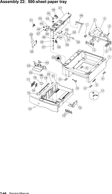 Assembly 22: 500-sheet paper tray parts diagram - Lexmark T630, T632, T634 Parts