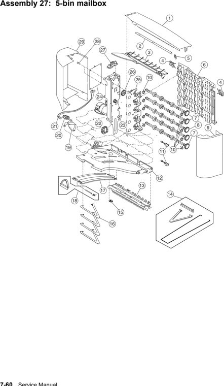 Assembly 27: 5-bin mailbox parts diagram - Lexmark T630, T632, T634 Parts