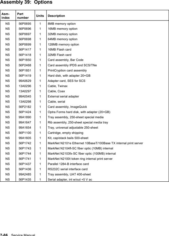 Assembly 39: Options parts diagram - Lexmark T630, T632, T634 Parts