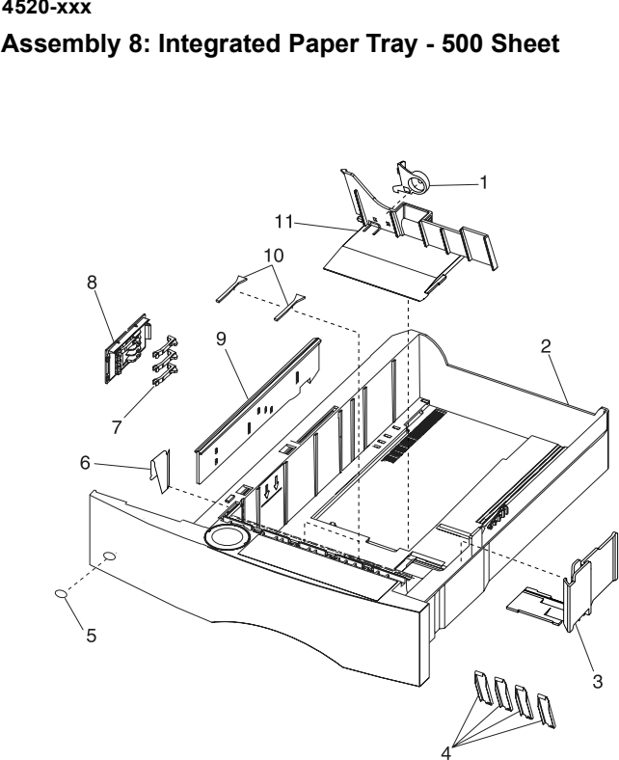 Assembly 8: Integrated Paper Tray - 500 Sheet parts diagram - Lexmark T520 & T522 Parts