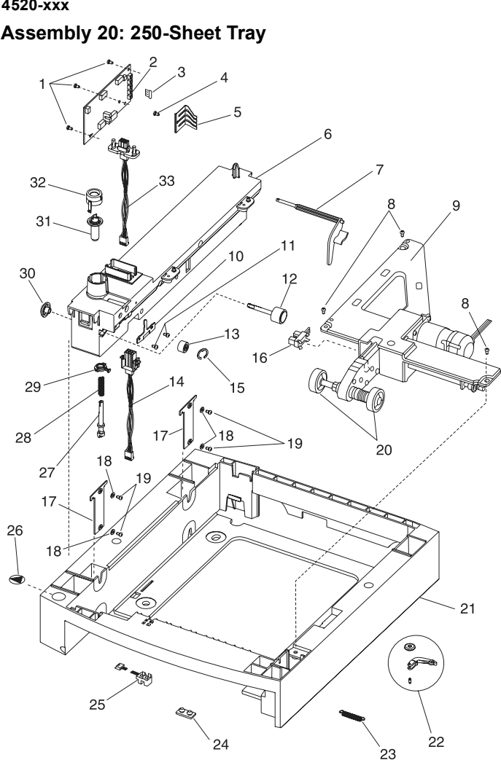 Assembly 20: 250-Sheet Tray parts diagram - Lexmark T520 & T522 Parts