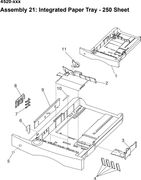 Assembly 21: Integrated Paper Tray - 250 Sheet parts diagram - Lexmark T520 & T522 Parts