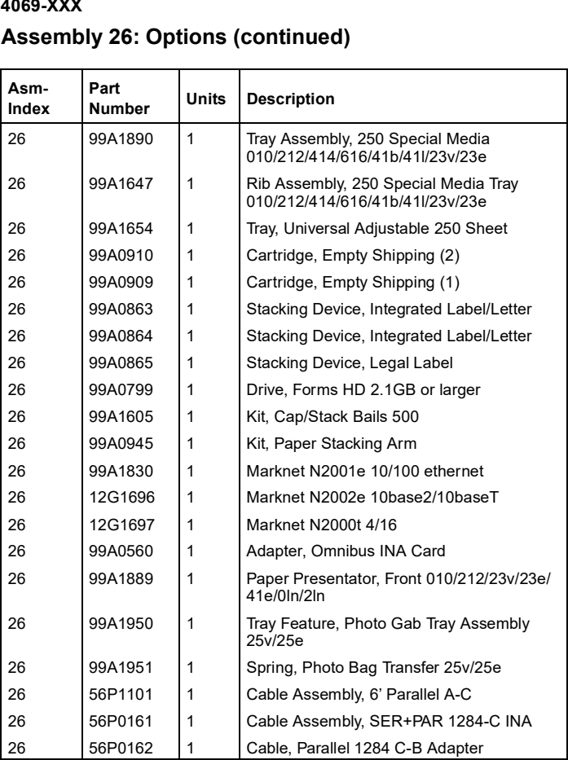 Assembly 26: Options (continued) parts diagram - Lexmark T610 T612 T614 T616 Parts
