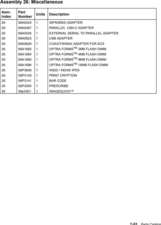 Assembly 26: Miscellaneous parts diagram - Lexmark W820 and X820 Parts