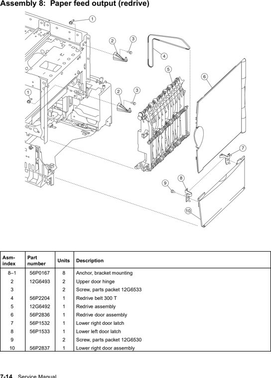 Assembly 8: Paper feed output (redrive) parts diagram - Lexmark C760 & C762 Parts (5060)