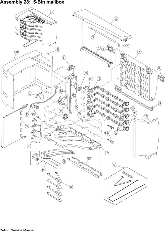 Assembly 28: 5-Bin mailbox parts diagram - Lexmark C760 & C762 Parts (5060)