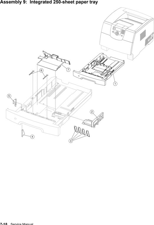 Assembly 9: Integrated 250-sheet paper tray parts diagram - Lexmark T640 T642 T644 Parts