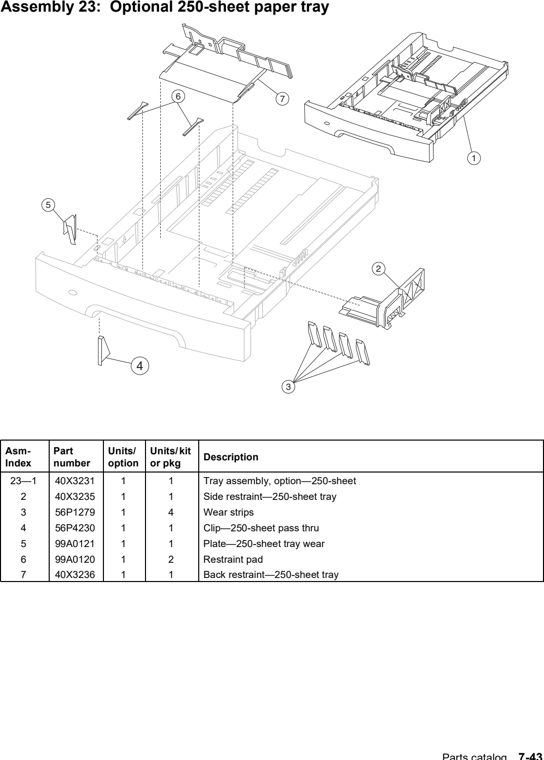 Assembly 23: Optional 250-sheet paper tray parts diagram - Lexmark T640 T642 T644 Parts
