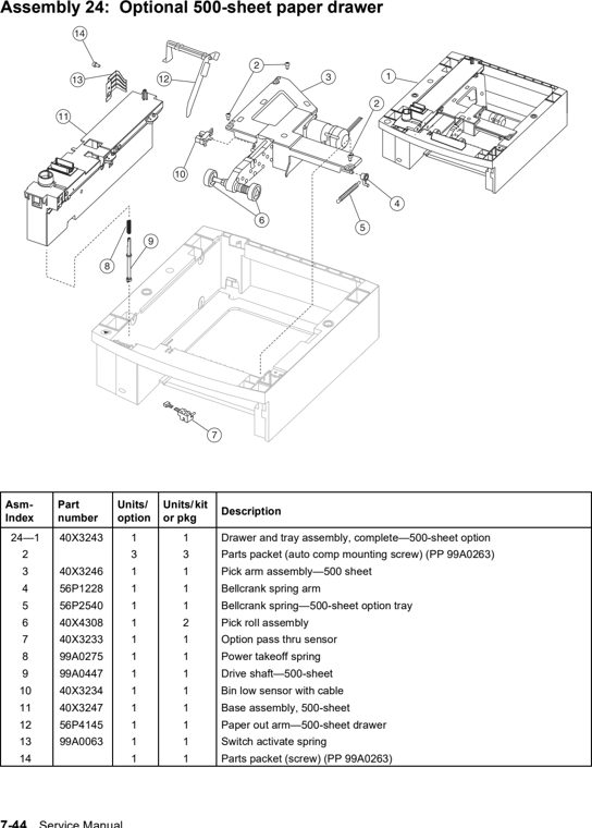 Assembly 24: Optional 500-sheet paper drawer parts diagram - Lexmark T640 T642 T644 Parts