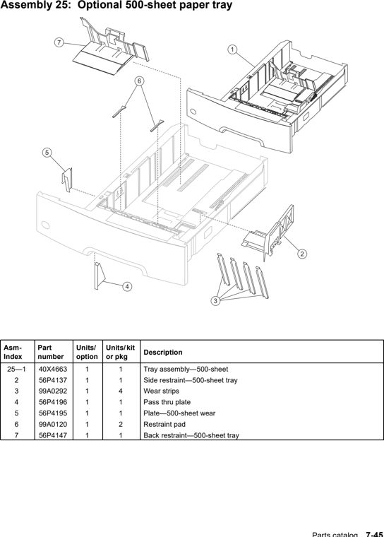 Assembly 25: Optional 500-sheet paper tray parts diagram - Lexmark T640 T642 T644 Parts