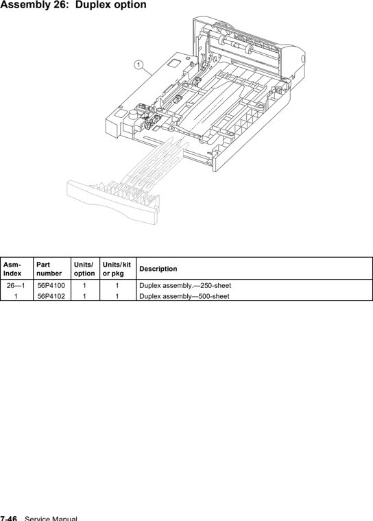 Assembly 26: Duplex option parts diagram - Lexmark T640 T642 T644 Parts
