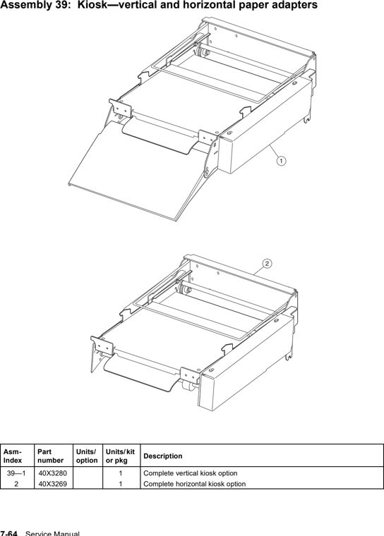 Assembly 39: Kiosk—vertical and horizontal paper adapters parts diagram - Lexmark T640 T642 T644 Parts