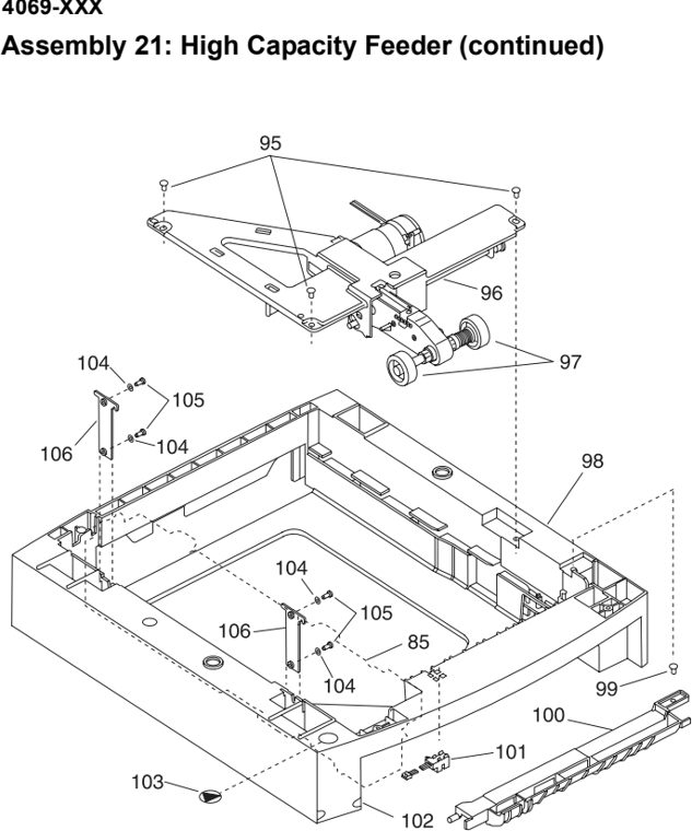 Assembly 21: High Capacity Feeder (continued) parts diagram - Lexmark Hi-Cap Drawer Parts (Optra S and T)