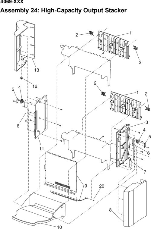 Assembly 24: High-Capacity Output Stacker parts diagram - Lexmark Hi-Cap Drawer Parts (Optra S and T)